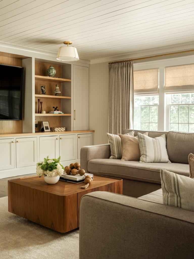 Monte Vista — living room seating with a square wood coffee table and striped cushions