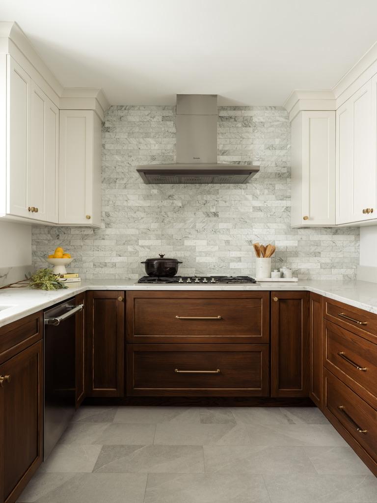 Monte Vista — kitchen range wall with a stone tile backsplash and dark wood base cabinetry