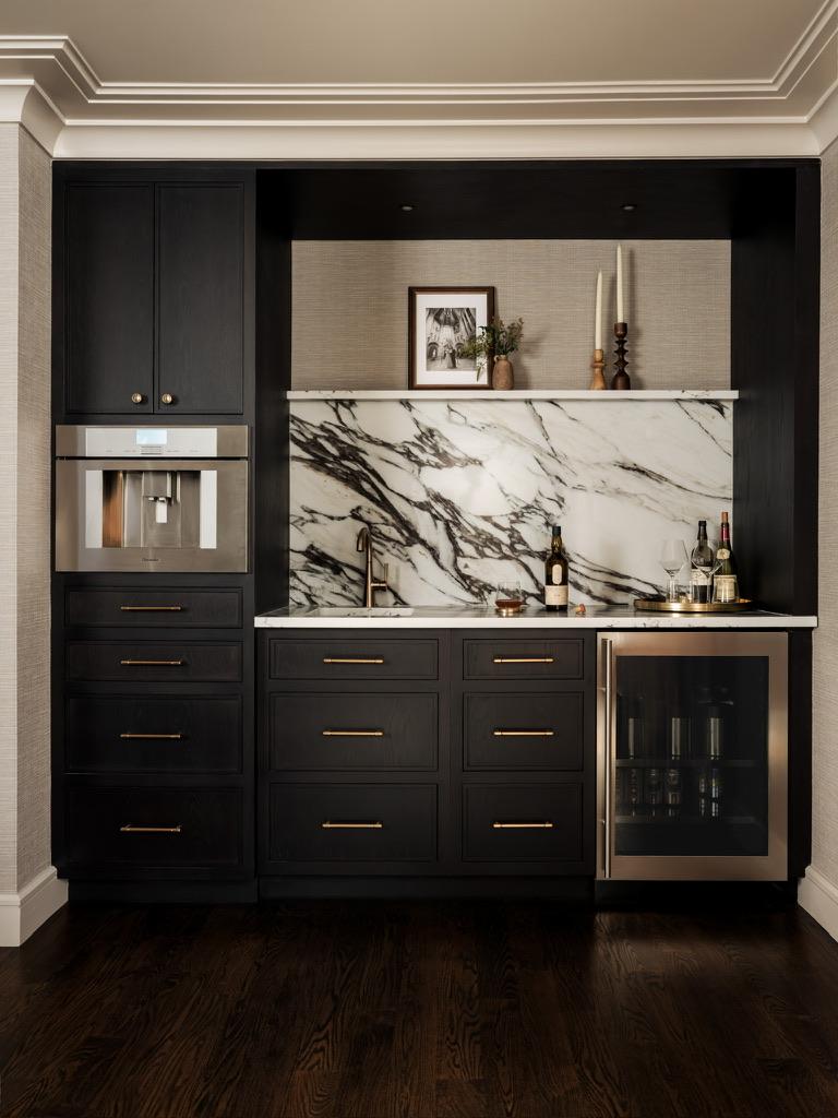 Monte Vista — beverage bar with black cabinetry, a veined stone backsplash and built-in coffee station