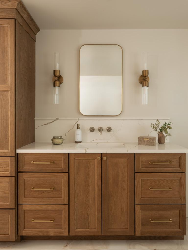 Monte Vista — bathroom vanity in warm wood with a stone top and fluted glass sconces